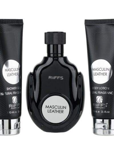Set Cadou Masculin Leather Apa de Parfum 100ml + Gel De Dus 100ml + Lotiune de corp 100ml, Riiffs